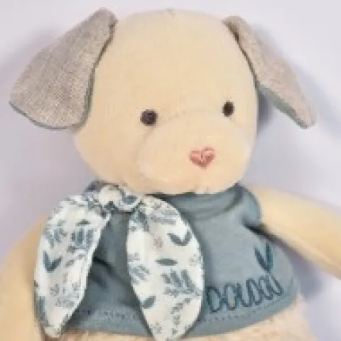 Online Chien peluche beige avec mouchoir bleu en coton BIO - 22 cm Les Prix Doux|Doudous Coton Bio