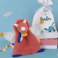 Hot Coffret peluche dinosaure orange - Attache tetine Lou - 23  cm Les Prix Doux|Calinosaure