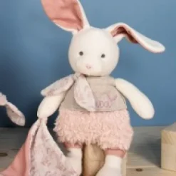 Discount Lapin peluche écrue avec mouchoir rose en coton BIO - 22 cm Les Prix Doux|Doudous Coton Bio